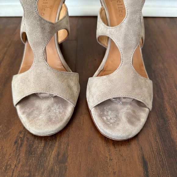 COCLICO Cut Out Ankle Strap Heeled Sandals Taupe Suede Leather - Picture 7 of 12